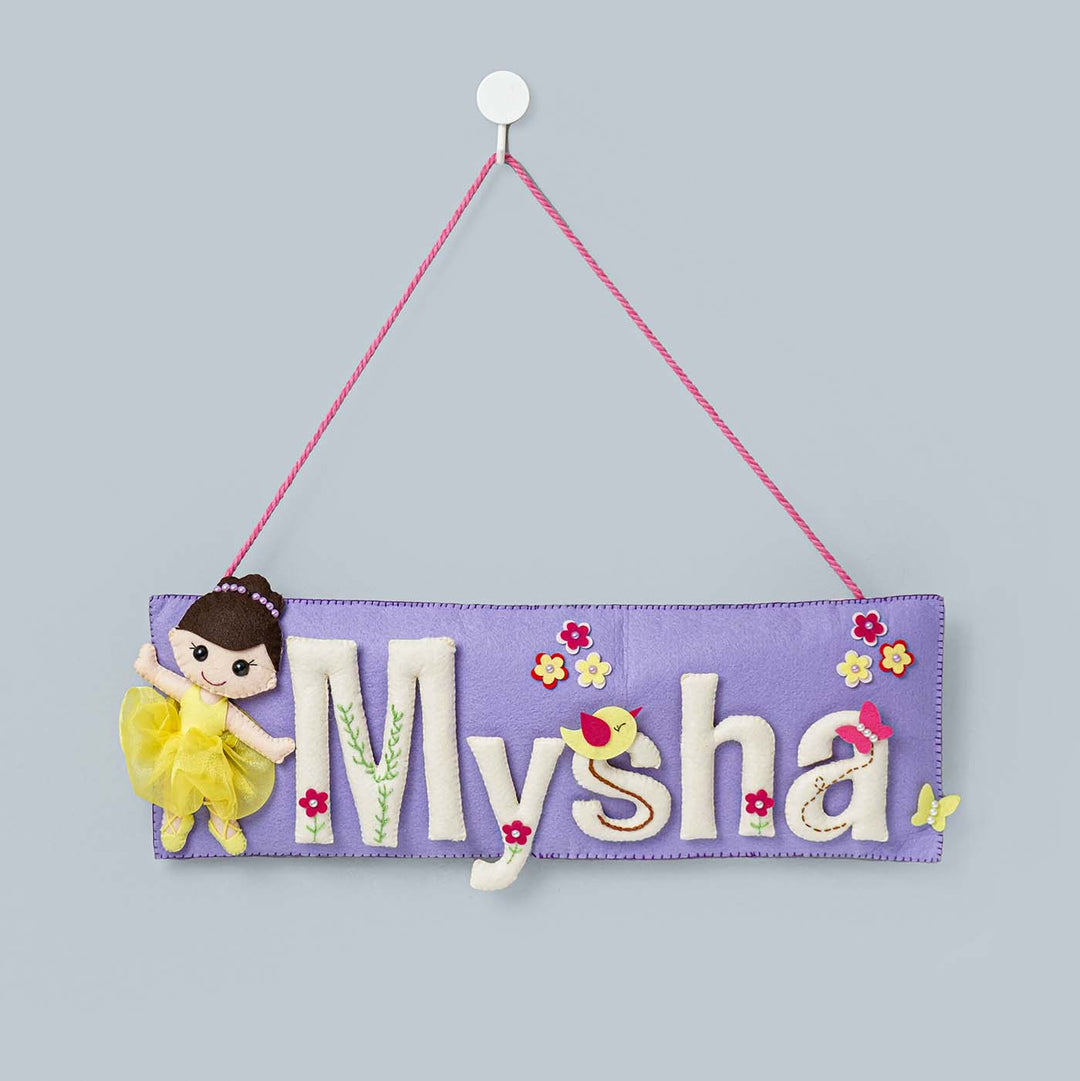 Handcrafted Doll Themed Rectangle Felt Name Plate for Kids