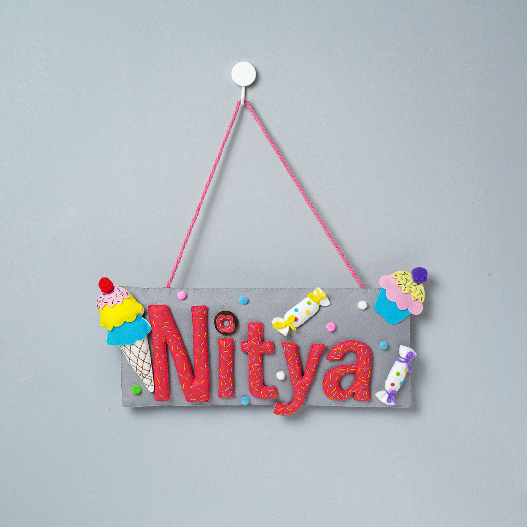 Handcrafted Ice Cream & Candy Themed Rectangle Felt Name Plate for Kids