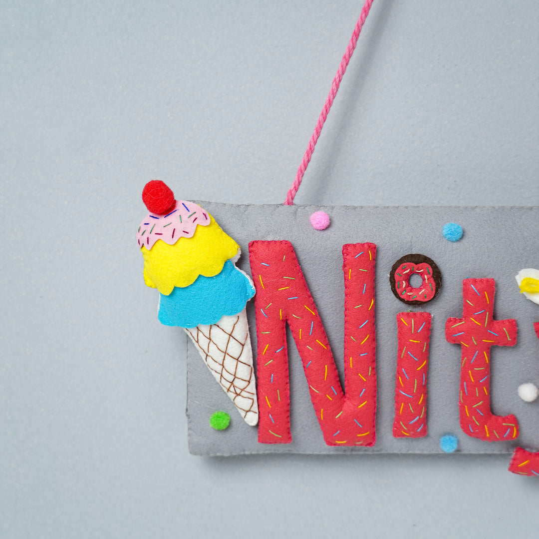 Handcrafted Ice Cream & Candy Themed Rectangle Felt Name Plate for Kids