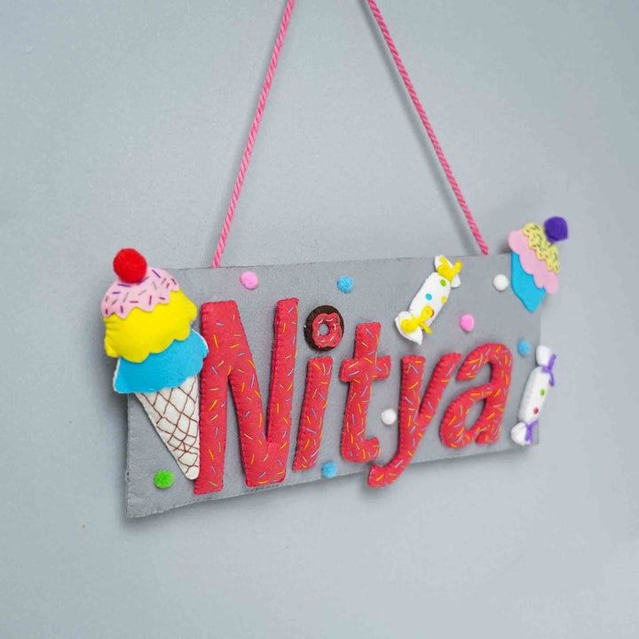 Handcrafted Ice Cream & Candy Themed Rectangle Felt Name Plate for Kids