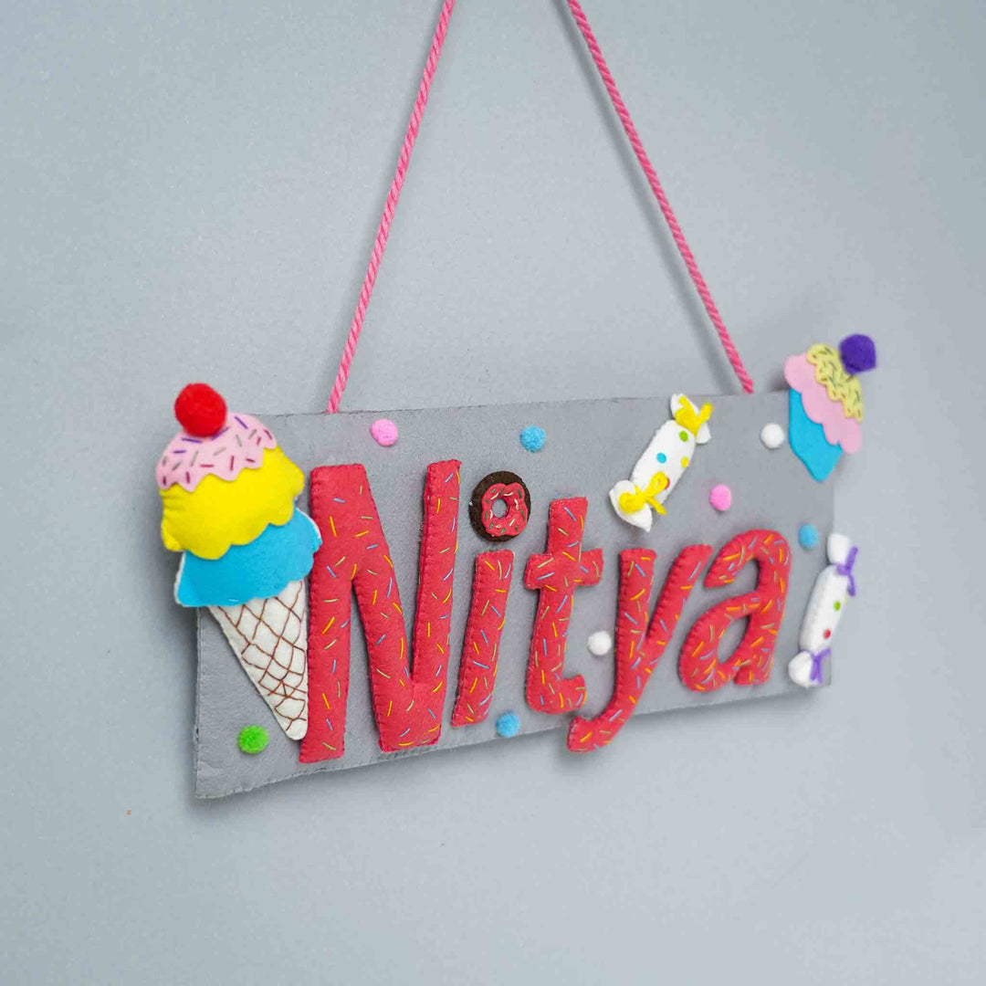 Handcrafted Ice Cream & Candy Themed Rectangle Felt Name Plate for Kids