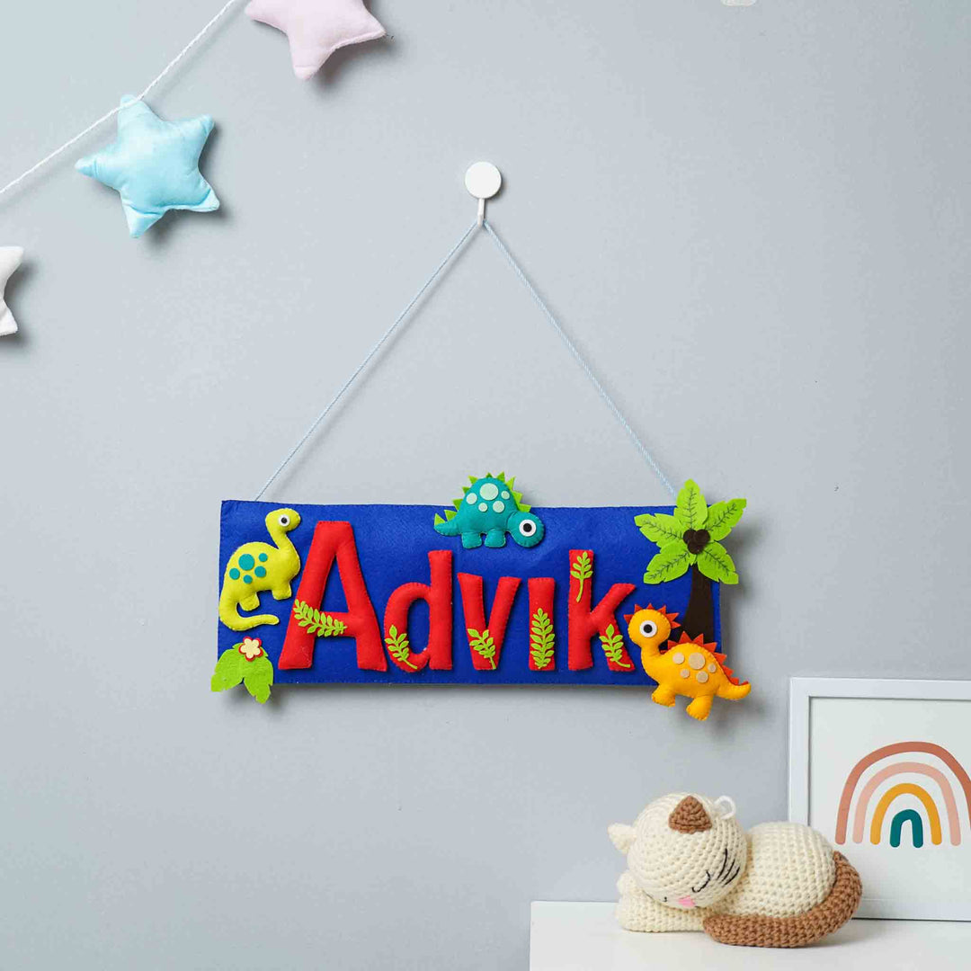 Handcrafted Dinosaur Themed Rectangle Felt Name Plate for Kids