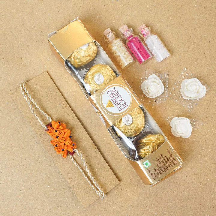 Handmade Yellow Cluster Flower Upcycled Fabric Rakhi With Roli Chawal