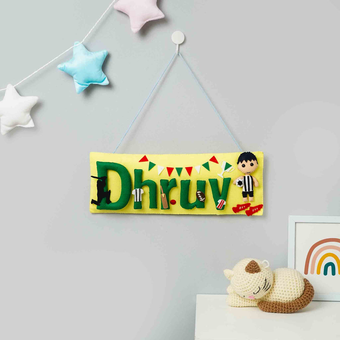 Handcrafted Sports Themed Rectangle Felt Name Plate for Kids