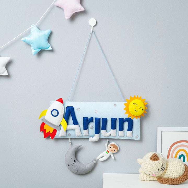 Handcrafted Space Themed Rectangle Felt Name Plate for Kids