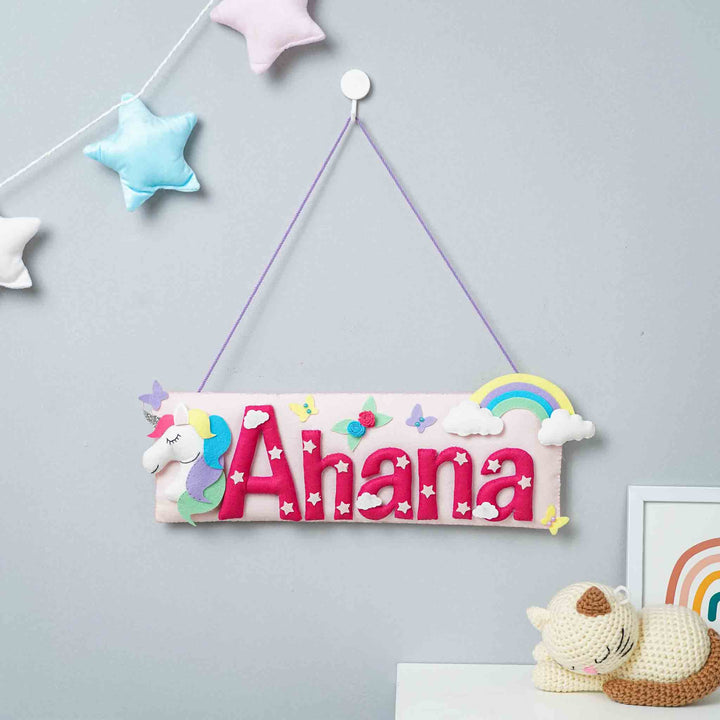 Handcrafted Unicorn Themed Rectangle Felt Name Plate for Kids