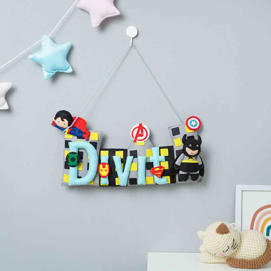 Handcrafted Superhero Themed Rectangle Felt Name Plate for Kids