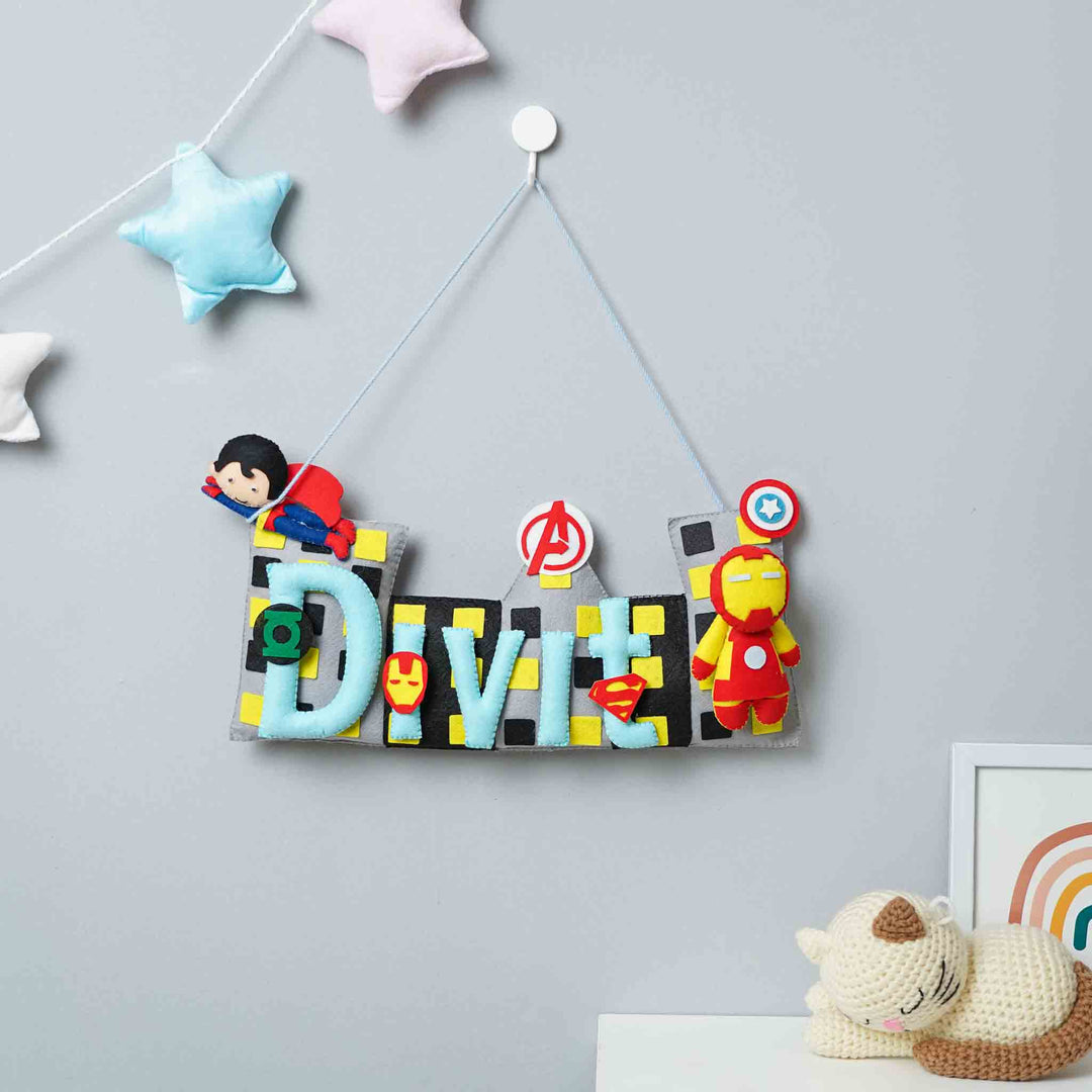 Handcrafted Superhero Themed Rectangle Felt Name Plate for Kids