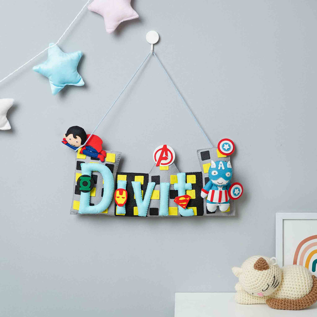 Handcrafted Superhero Themed Rectangle Felt Name Plate for Kids