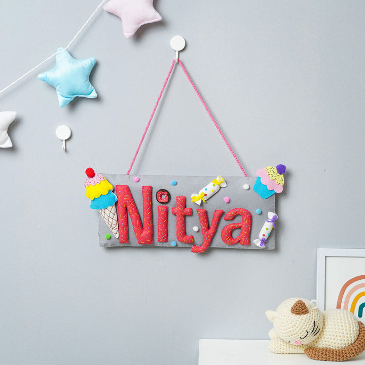 Handcrafted Ice Cream & Candy Themed Rectangle Felt Name Plate for Kids