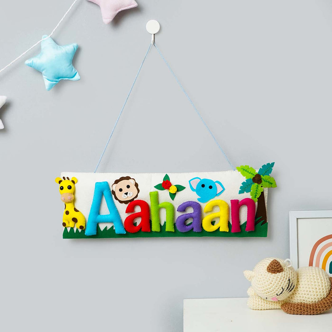 Handcrafted Animal Safari Themed Rectangle Felt Name Plate for Kids