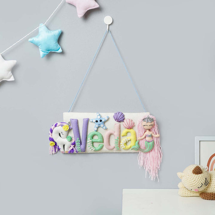 Handcrafted Mermaid & Unicorn Themed Rectangle Felt Name Plate for Kids