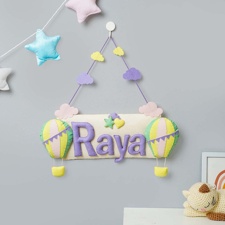 Handcrafted Hot Air Balloon Themed Rectangle Felt Name Plate for Kids