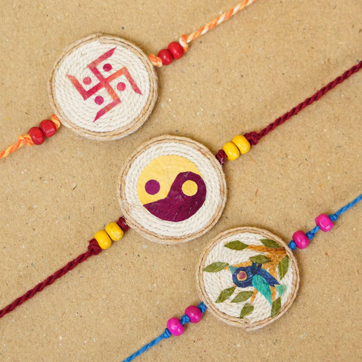 Handmade Pressed Flower Art Multi colours Jute Rakhi With Roli Chawal | Set of 3
