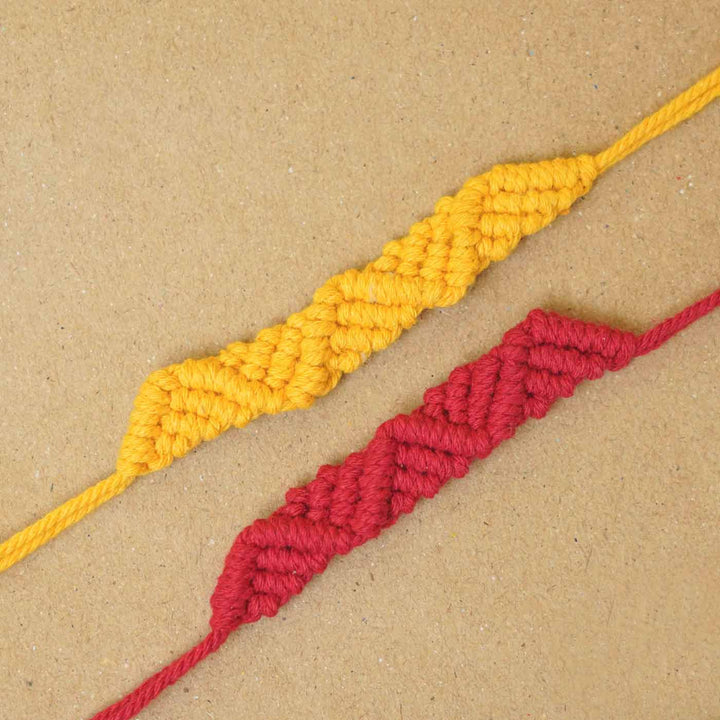 Handmade Macrame Red & Yellow Cotton Bracelet Rakhi With Roli Chawal | Set of 2