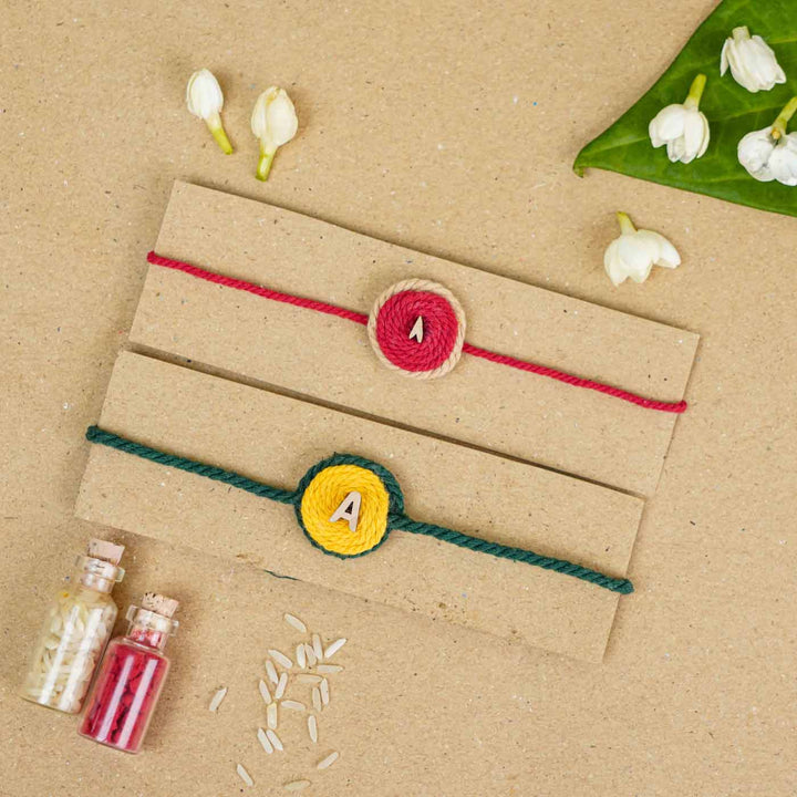 Personalized Handmade Alphabet Cotton Rakhi With Roli Chawal | Set of 2