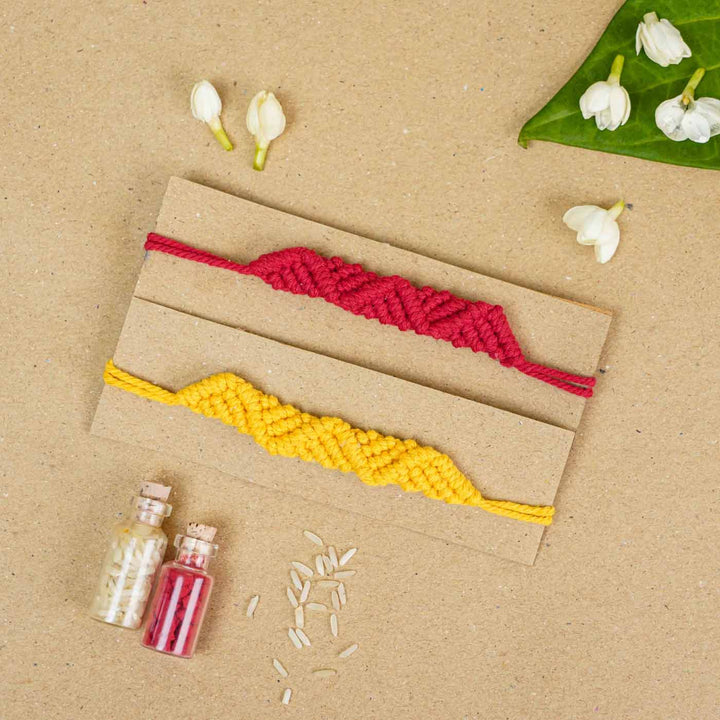Handmade Macrame Red & Yellow Cotton Bracelet Rakhi With Roli Chawal | Set of 2