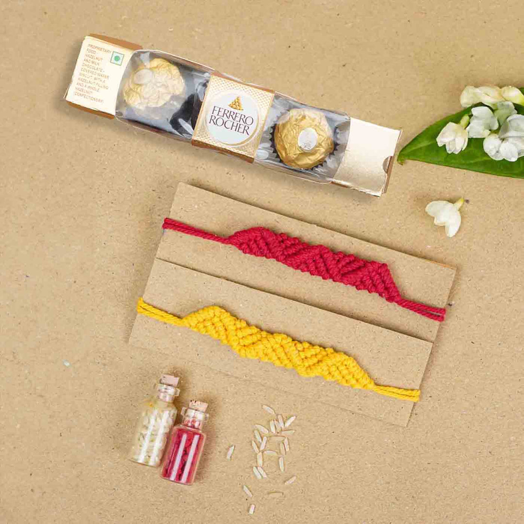 Handmade Macrame Red & Yellow Cotton Bracelet Rakhi With Roli Chawal | Set of 2
