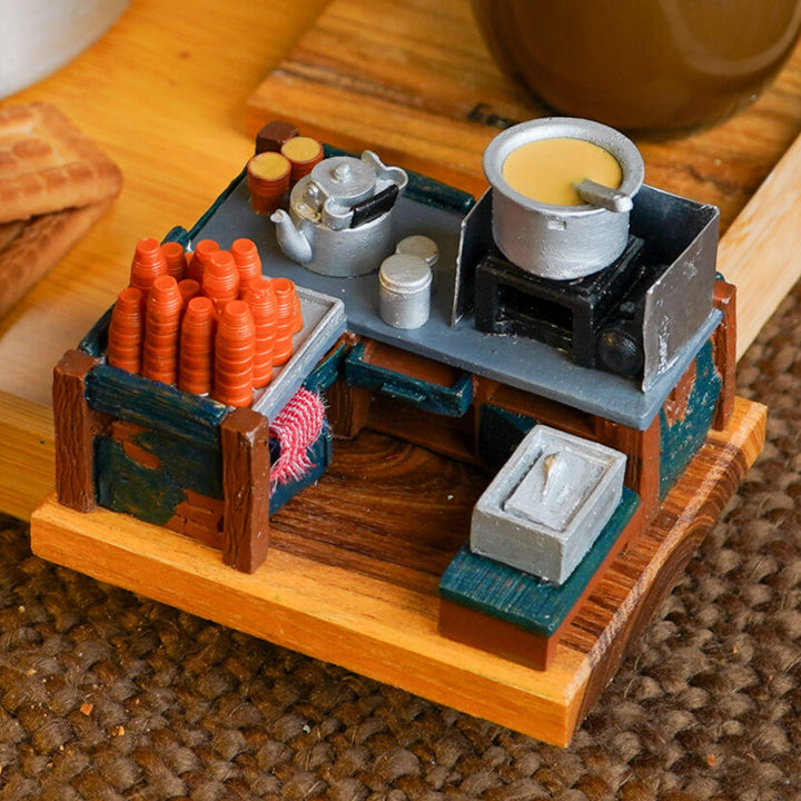 "Chai Ki Tapri" Handcrafted Polymer Clay Miniature Artwork With Wooden Base For Golu & Table Decor
