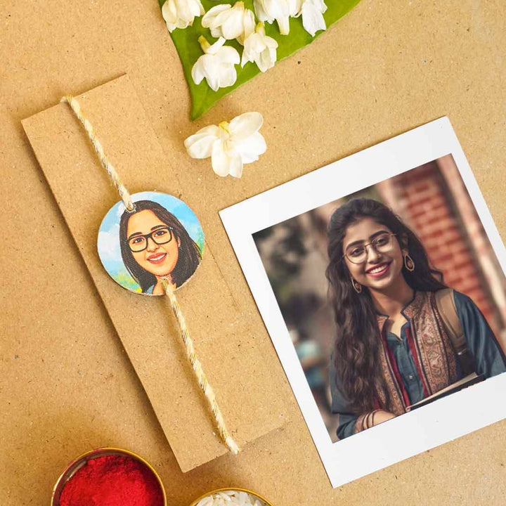 Handpainted Photo Customized Caricature Rakhi With Roli & Chawal