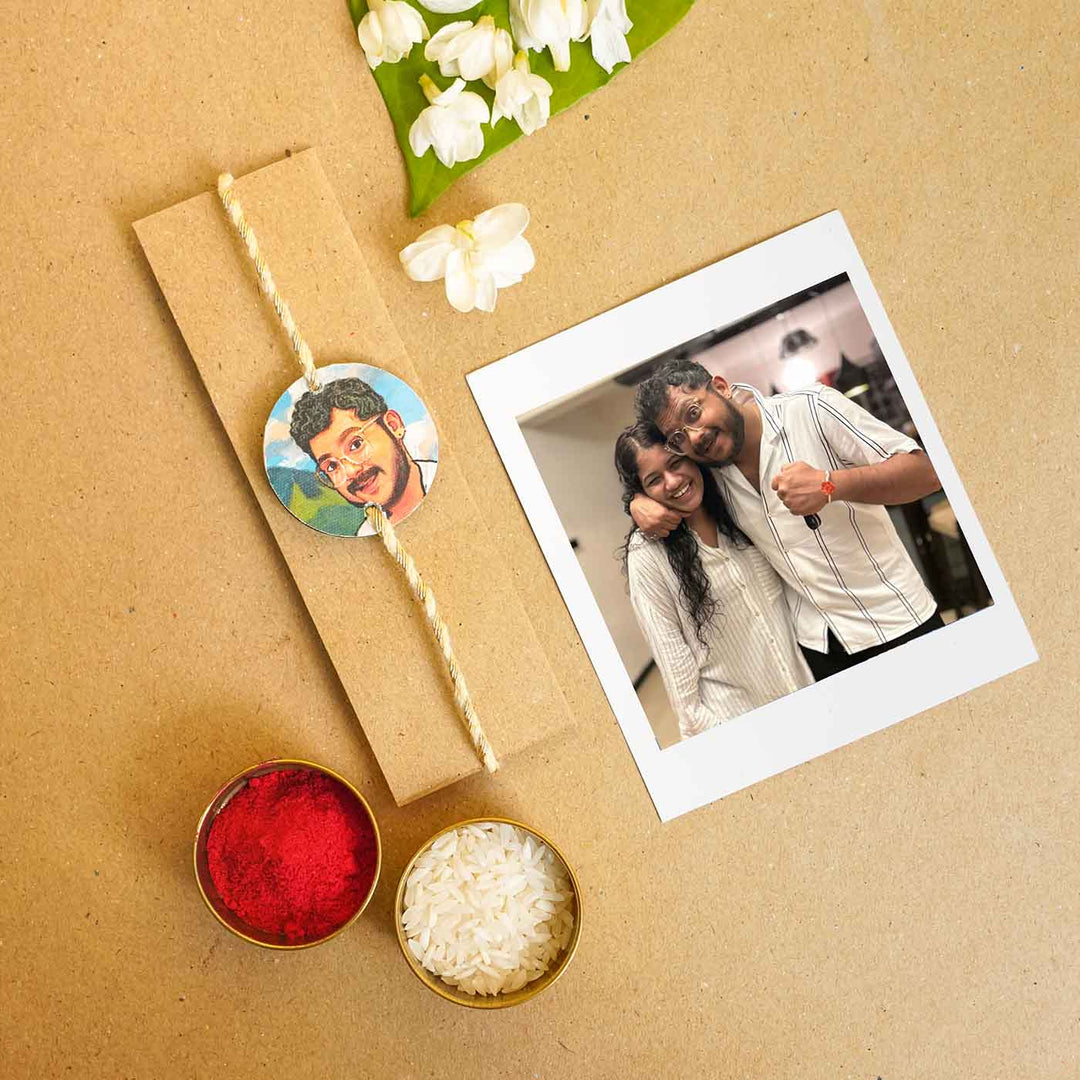 Handpainted Photo Customized Caricature Rakhi With Roli & Chawal
