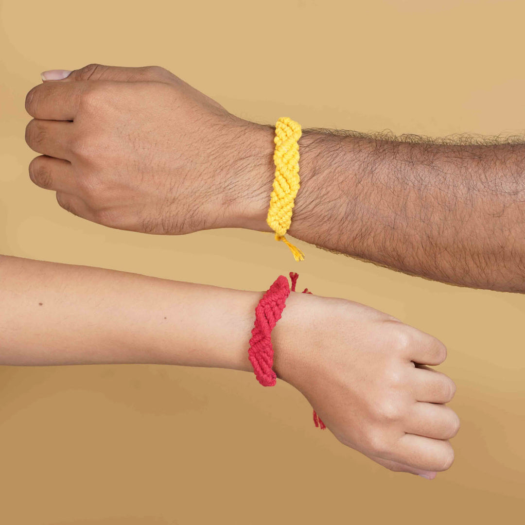 Handmade Macrame Red & Yellow Cotton Bracelet Rakhi With Roli Chawal | Set of 2