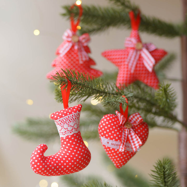 4 pc | Handmade Red Polka Dot Ornaments For Christmas Tree Decoration