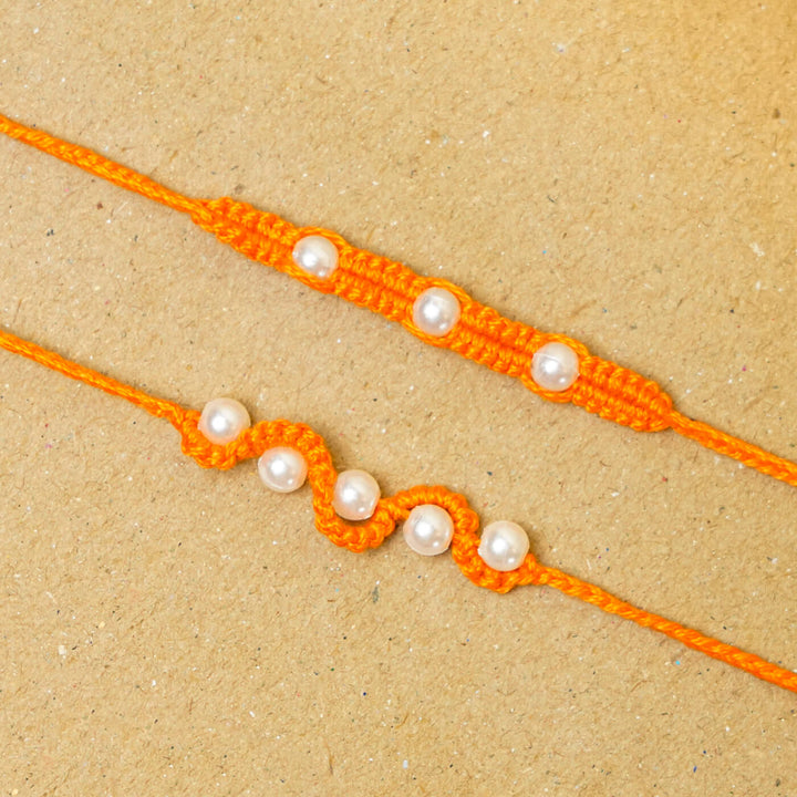 Handmade Macrame Pearl Rakhi With Roli Chawal | Set of 2