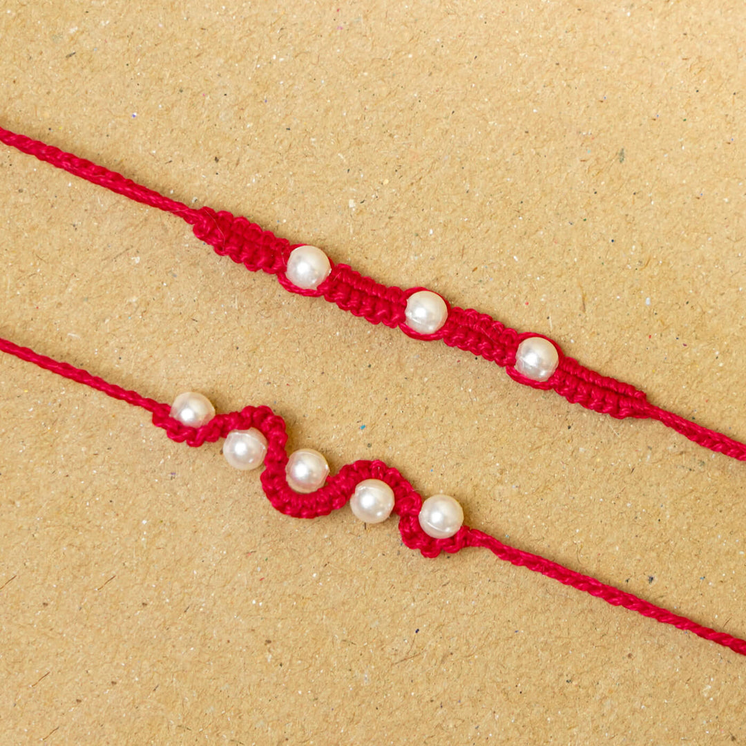 Handmade Macrame Pearl Rakhi With Roli Chawal | Set of 2