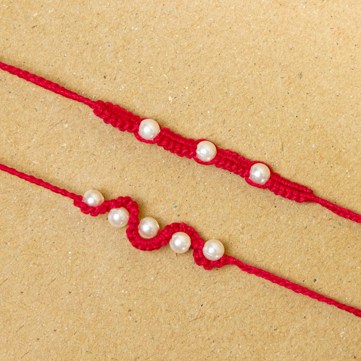 Handmade Macrame Pearl Rakhi With Roli Chawal | Set of 2