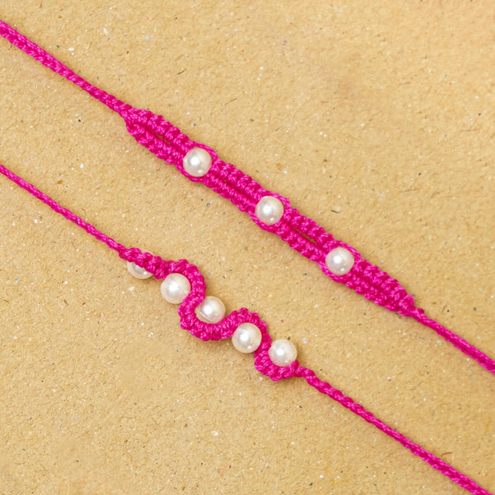 Handmade Macrame Pearl Rakhi With Roli Chawal | Set of 2
