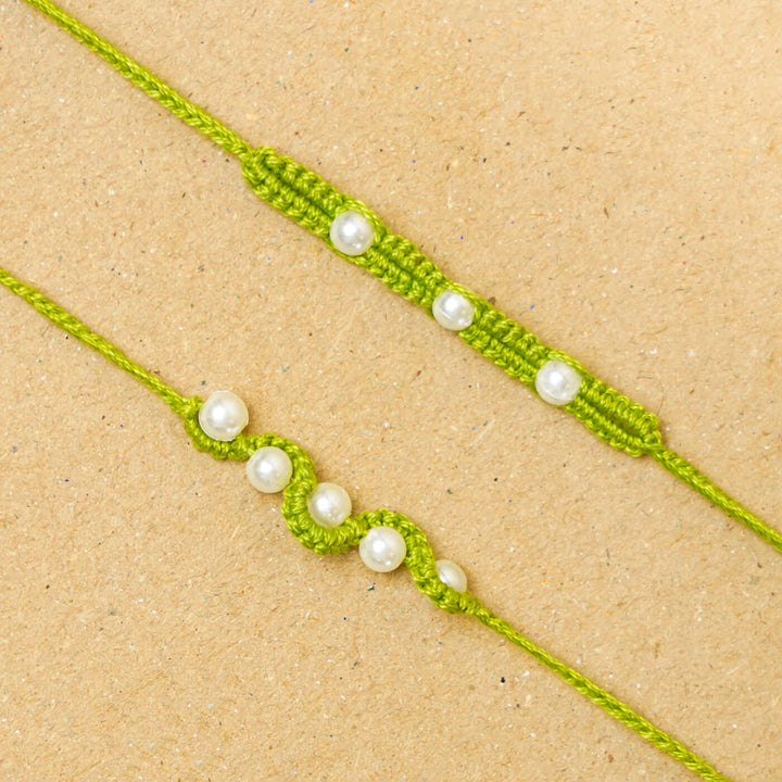 Handmade Macrame Pearl Rakhi With Roli Chawal | Set of 2