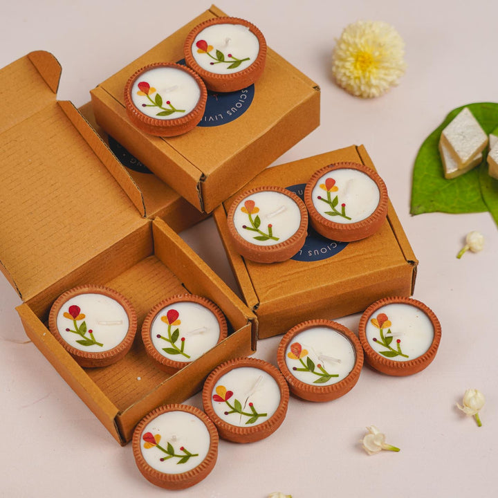 Mini Handmade Pressed Flower Decorative Terracotta Diya | 5 Boxes, 2 Diyas per Box