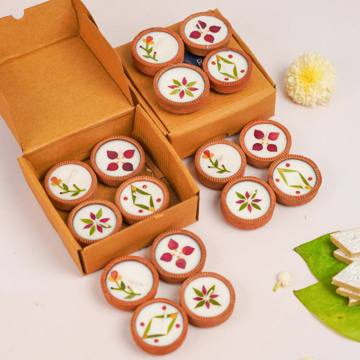 Handmade Pressed Flower Soy Wax & Earthen Festive 1 Inch Diyas
