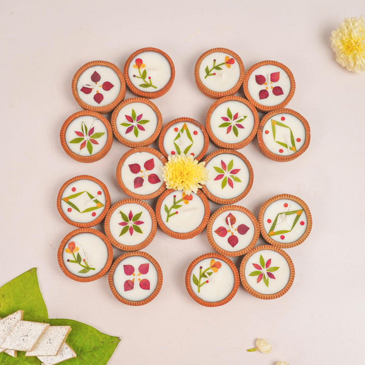 Handmade Pressed Flower Soy Wax & Earthen Festive 1 Inch Diyas