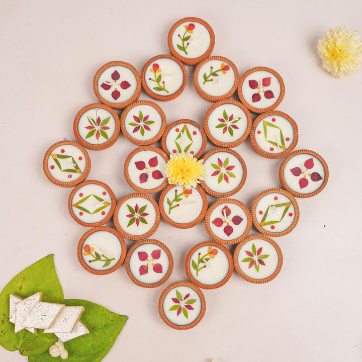 Handmade Pressed Flower Soy Wax & Earthen Festive 1 Inch Diyas