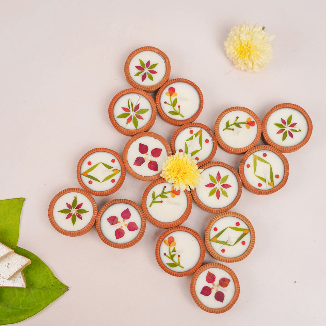 Handmade Pressed Flower Soy Wax & Earthen Festive 1 Inch Diyas