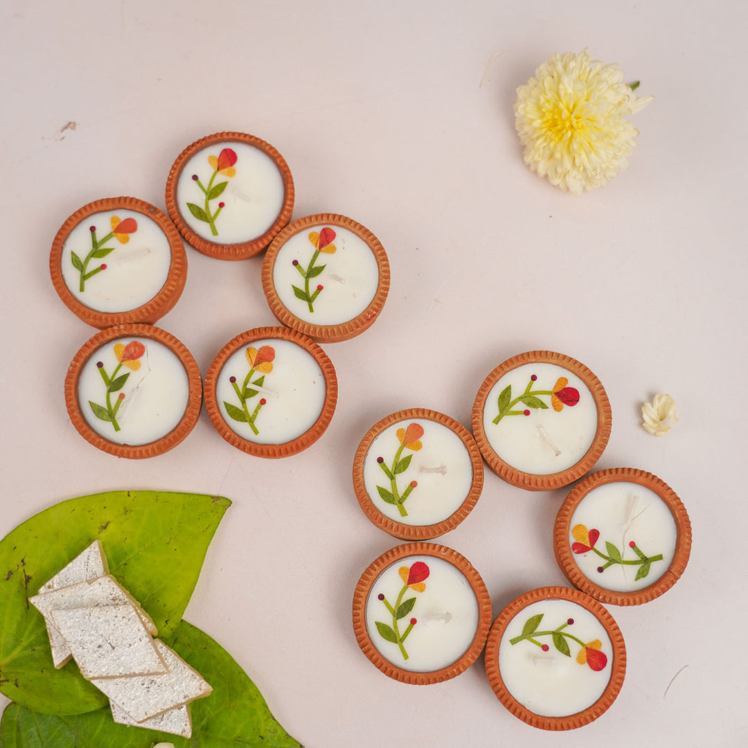 Mini Handmade Pressed Flower Decorative Terracotta Diya | 5 Boxes, 2 Diyas per Box