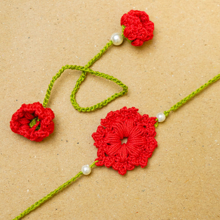 Handmade Crochet Floral Cotton Bhaiya Bhabhi Rakhi With Roli Chawal | Set of 2