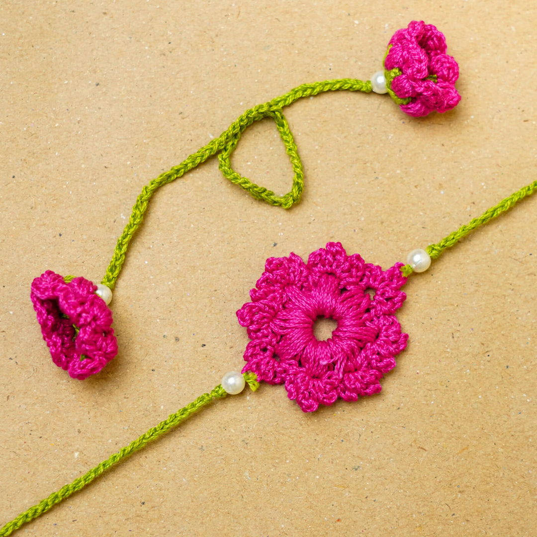 Handmade Crochet Floral Cotton Bhaiya Bhabhi Rakhi With Roli Chawal | Set of 2