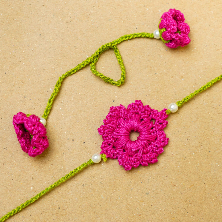 Handmade Crochet Floral Cotton Bhaiya Bhabhi Rakhi With Roli Chawal | Set of 2