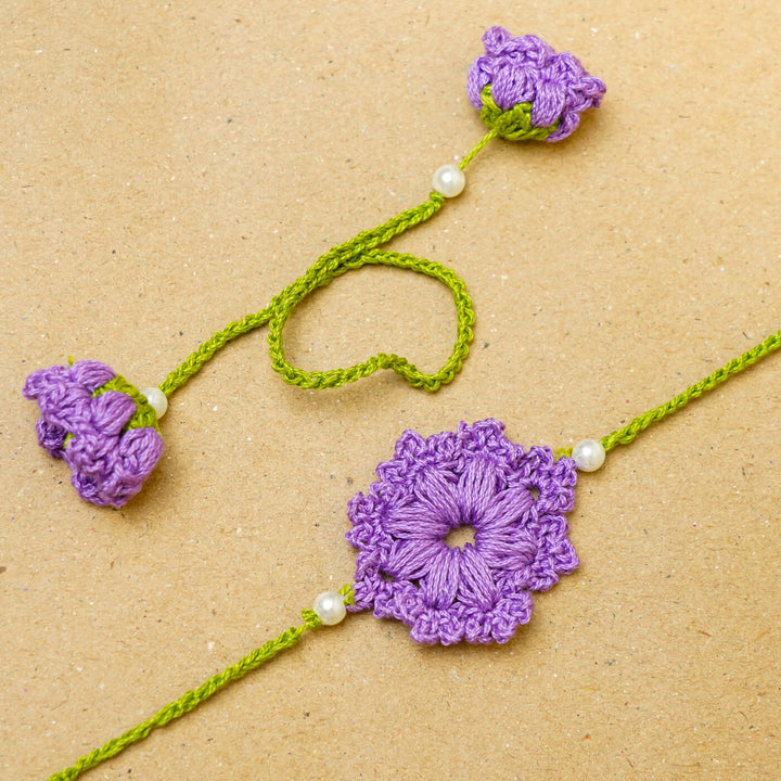 Handmade Crochet Floral Cotton Bhaiya Bhabhi Rakhi With Roli Chawal | Set of 2