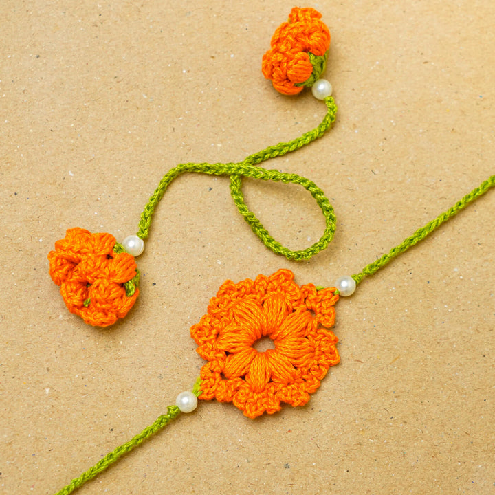 Handmade Crochet Floral Cotton Bhaiya Bhabhi Rakhi With Roli Chawal | Set of 2