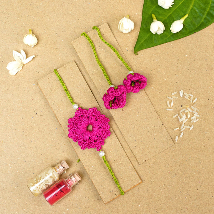 Handmade Crochet Floral Cotton Bhaiya Bhabhi Rakhi With Roli Chawal | Set of 2