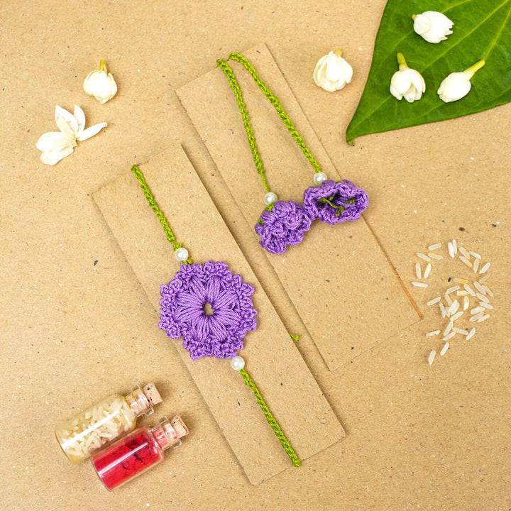 Handmade Crochet Floral Cotton Bhaiya Bhabhi Rakhi With Roli Chawal | Set of 2