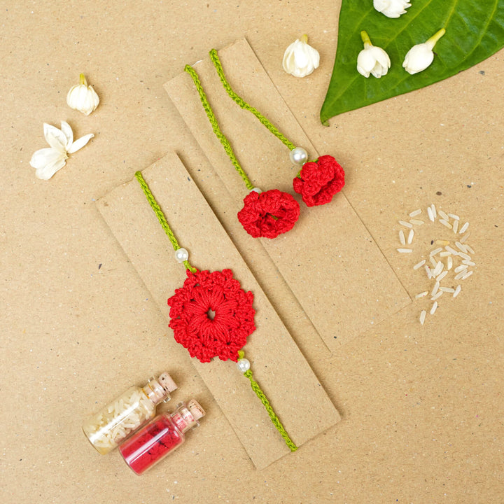 Handmade Crochet Floral Cotton Bhaiya Bhabhi Rakhi With Roli Chawal | Set of 2