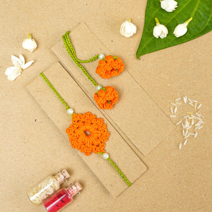 Handmade Crochet Floral Cotton Bhaiya Bhabhi Rakhi With Roli Chawal | Set of 2