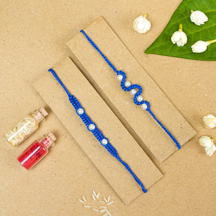 Handmade Macrame Pearl Rakhi With Roli Chawal | Set of 2