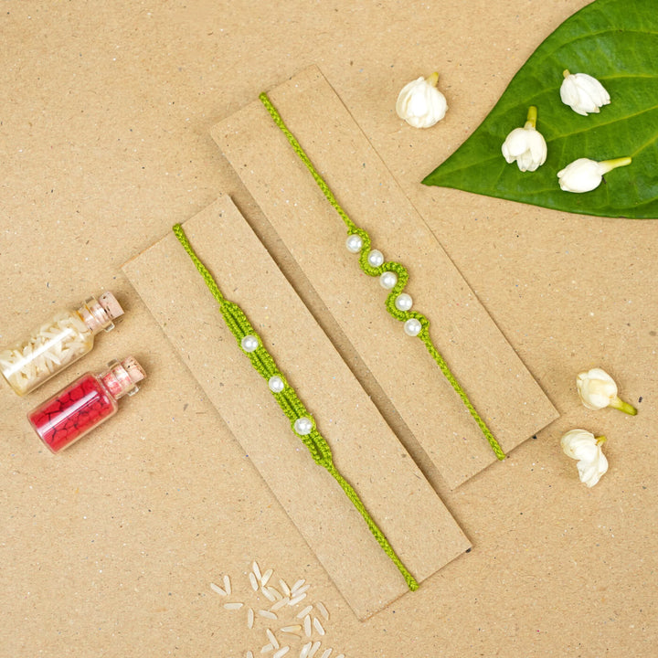 Handmade Macrame Pearl Rakhi With Roli Chawal | Set of 2