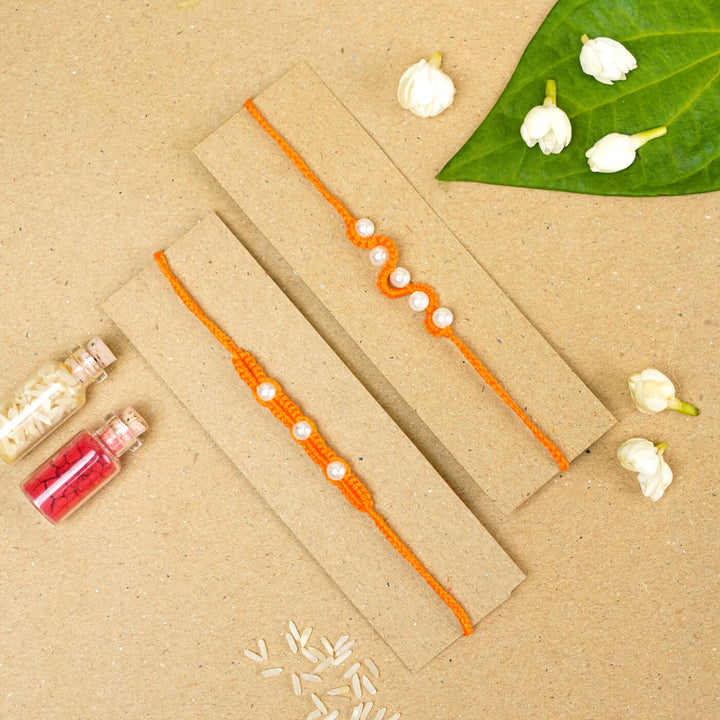 Handmade Macrame Pearl Rakhi With Roli Chawal | Set of 2